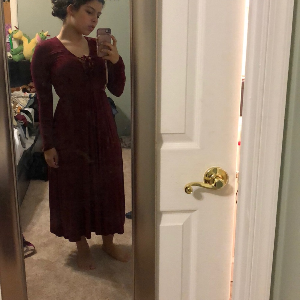 Burgundy lace up maxi dress